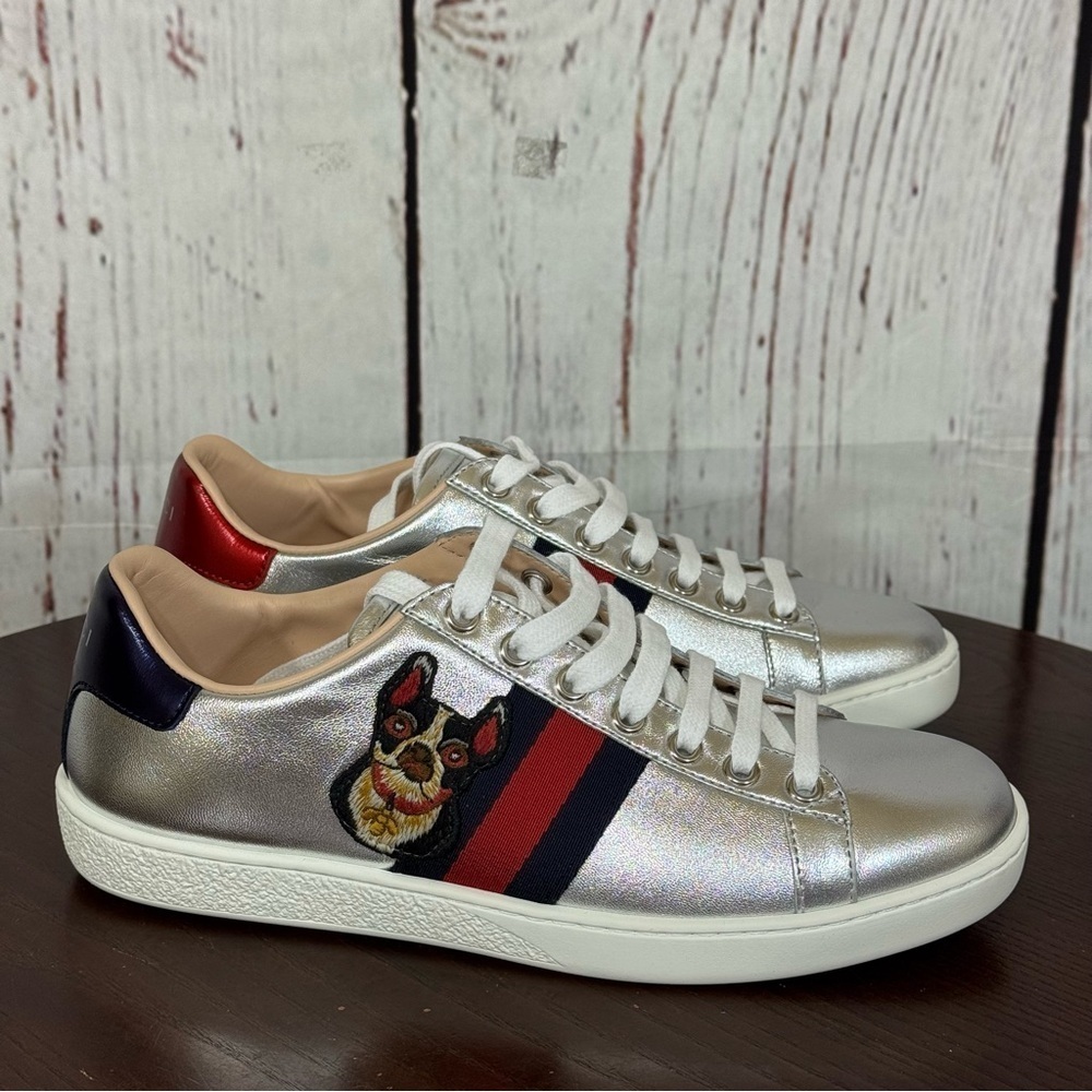 GUCCI ACE Year of the Dog Metallic Silver Women’s Napa Leather Sneakers 7 NiB - Picture 12 of 17